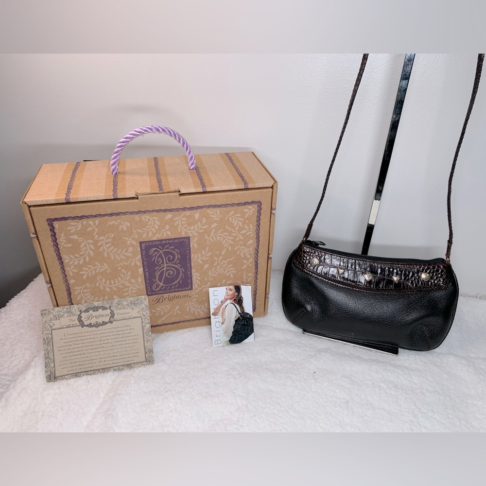 EUC! Brighton - Leather Mini Croc Brown & Black Leather Crossbody